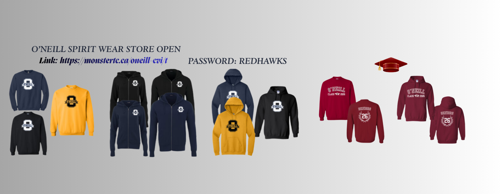 Spirit wear available for sale until March 31st!  Link is https://monstertc.ca/oneill-cvi/  Password is: REDHAWKS