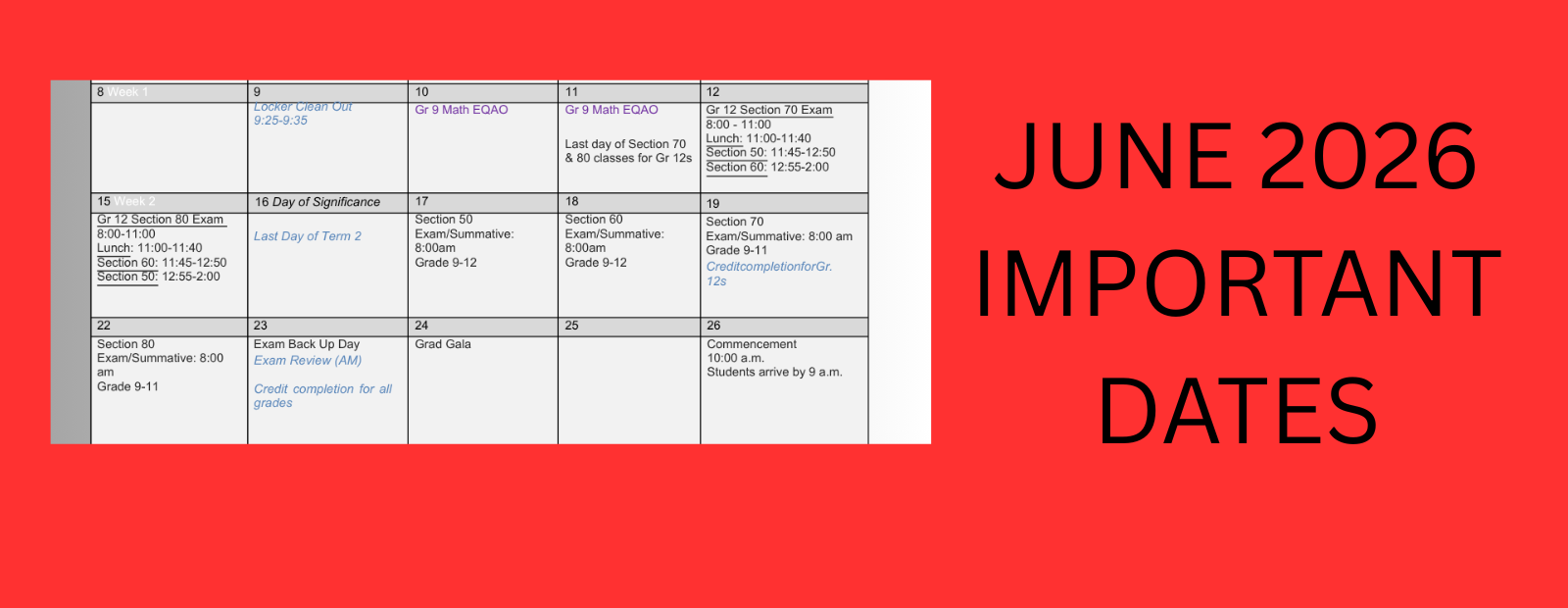 Important dates for June 2026