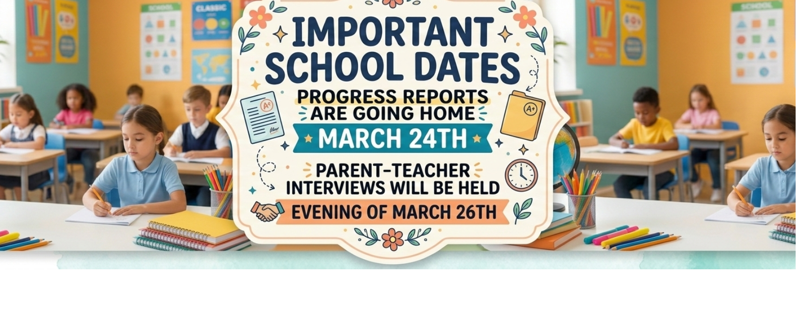 Progress reports go home March 24 and Parent-Teacher event is the evening March 26th